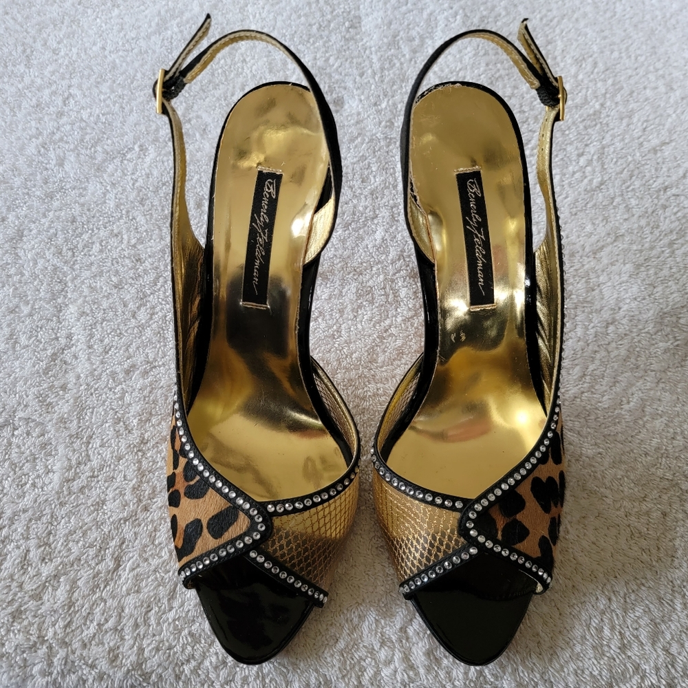 Beverly Feldman Leopard & Gold Rhinestone Slings